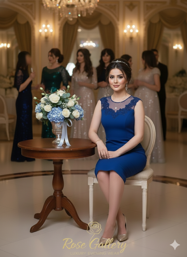پیراهن مجلسی مدادی آبی کاربنی یقه حریر و دانتل