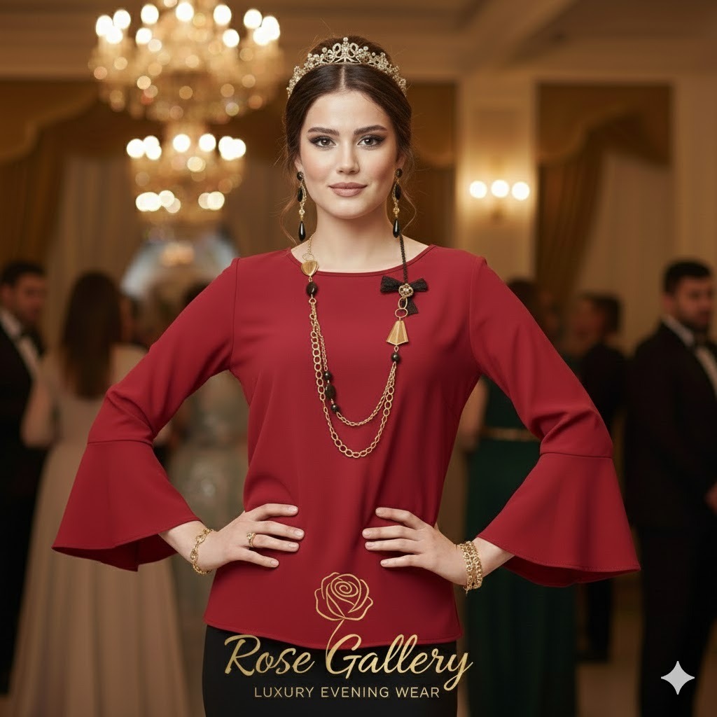 بلوز مجلسی زرشکی مدل آستین کلوش فانتزی
