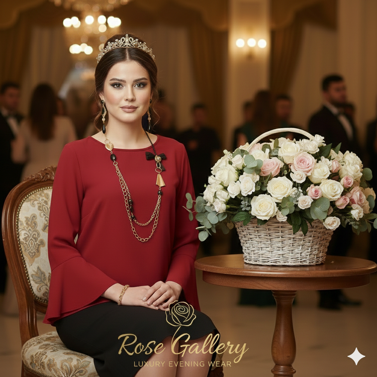 بلوز مجلسی زرشکی مدل آستین کلوش فانتزی