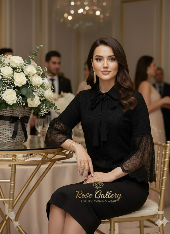 بلوز مجلسی تمام دانتل مشکی مدل آستین دالبر کنگرهای