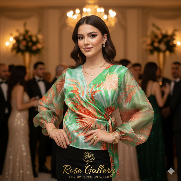 بلوز مجلسی حریر سبز زمردی سایز بزرگ مدل یقه والاندار حلزونی