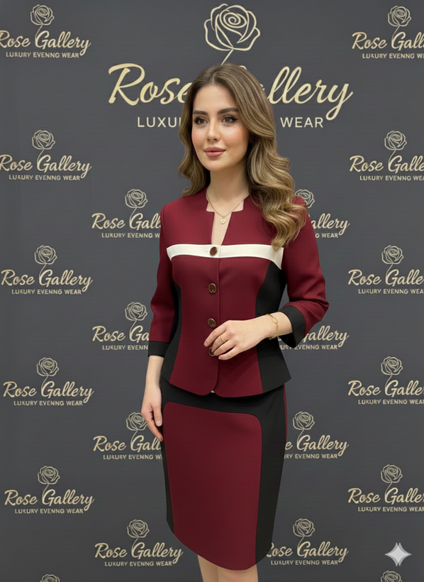 ست کت و دامن مجلسی زرشکی و کرم برند FASCINO مدل یقه خاص ساختاریافته