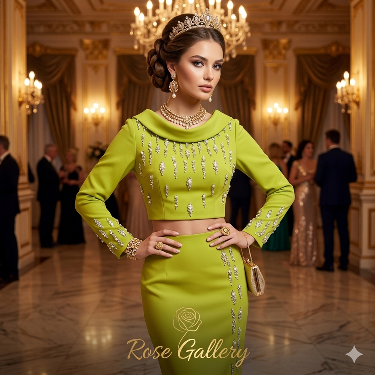 ست دو تکه مجلسی مارک الیت بلا (Elit Bella) سبز کاهویی کراپ تاپ یقه قایقی و دامن نگیندار