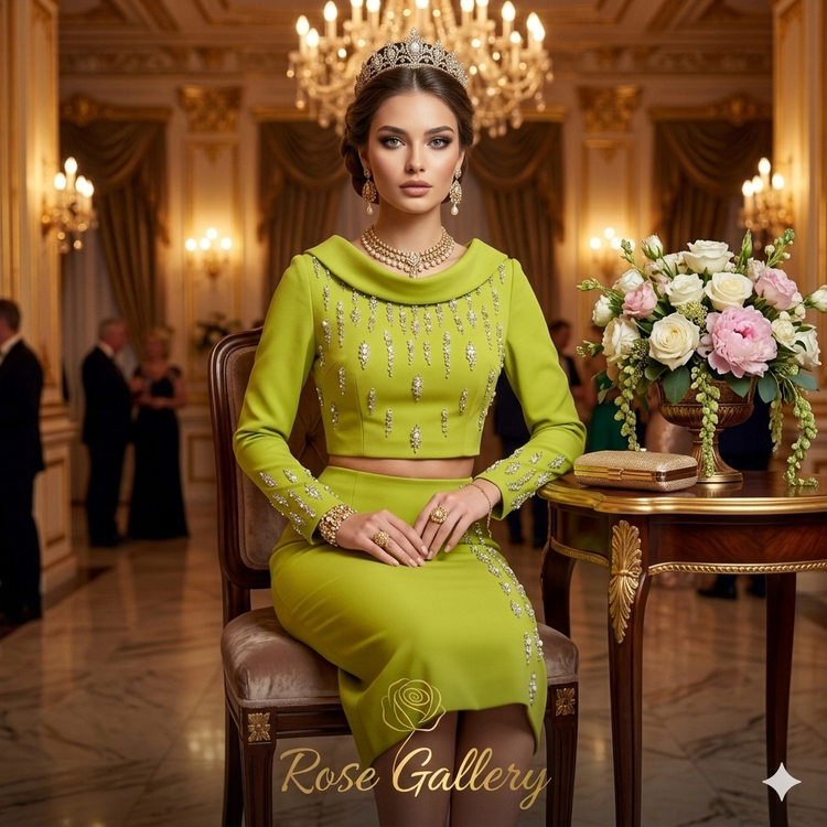 ست دو تکه مجلسی مارک الیت بلا (Elit Bella) سبز کاهویی کراپ تاپ یقه قایقی و دامن نگیندار