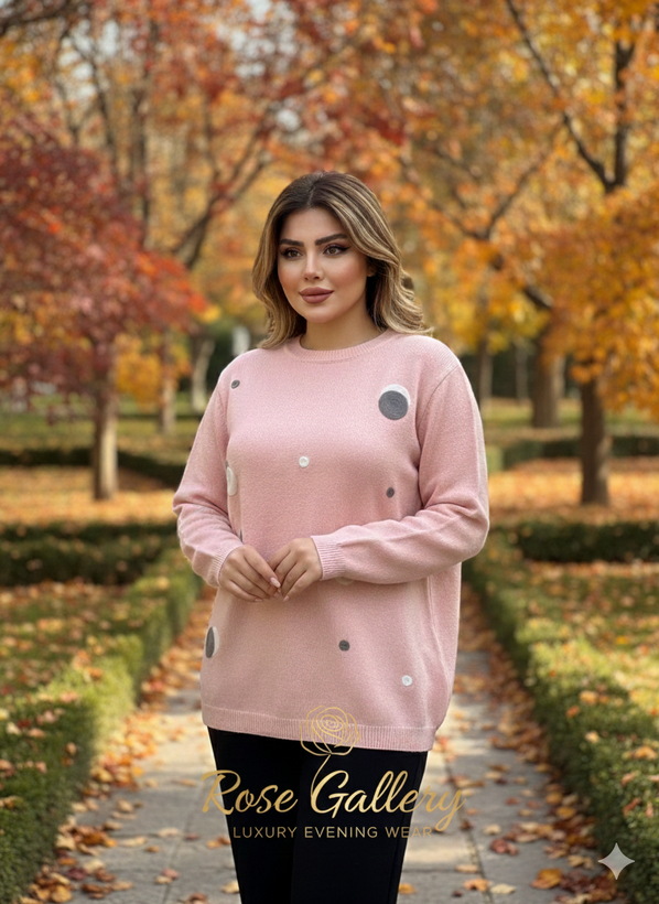 بلوز بافت زنانه صورتی پودری طرح دایره موهر