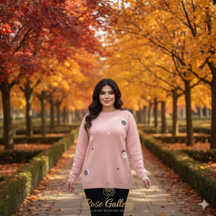 بلوز بافت زنانه صورتی پودری طرح دایره موهر