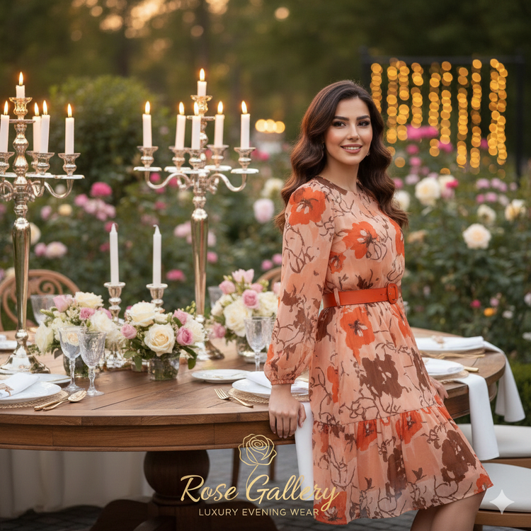 پیراهن کرپحریر مجلسی طرح گلدار درشت مدل یقه بنددار همراه با کمربند نارنجی