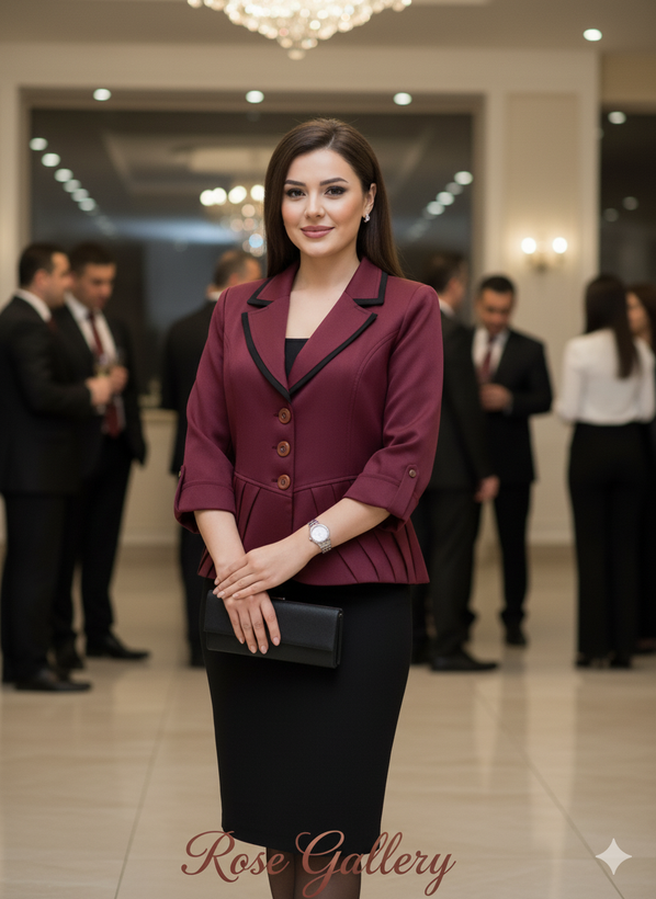 ست کت و دامن برند XMERIC مدل کت زرشکی پیلیدار و دامن مشکی