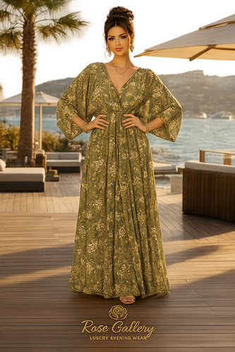 پیراهن ساحلی زنانه برند ترک طرح گلدار سبز زیتونی آستین آزاد پلیسه